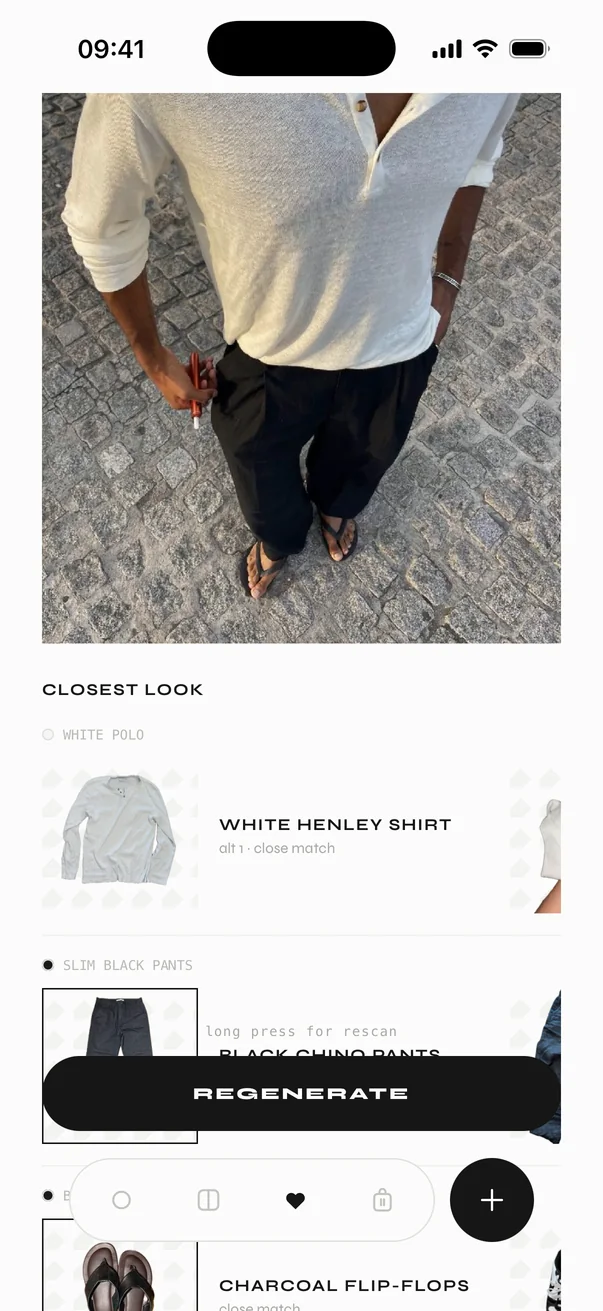 Inspiration match: a saved outfit photo above the closest pieces from your closet — white henley, black chinos, flip-flops.