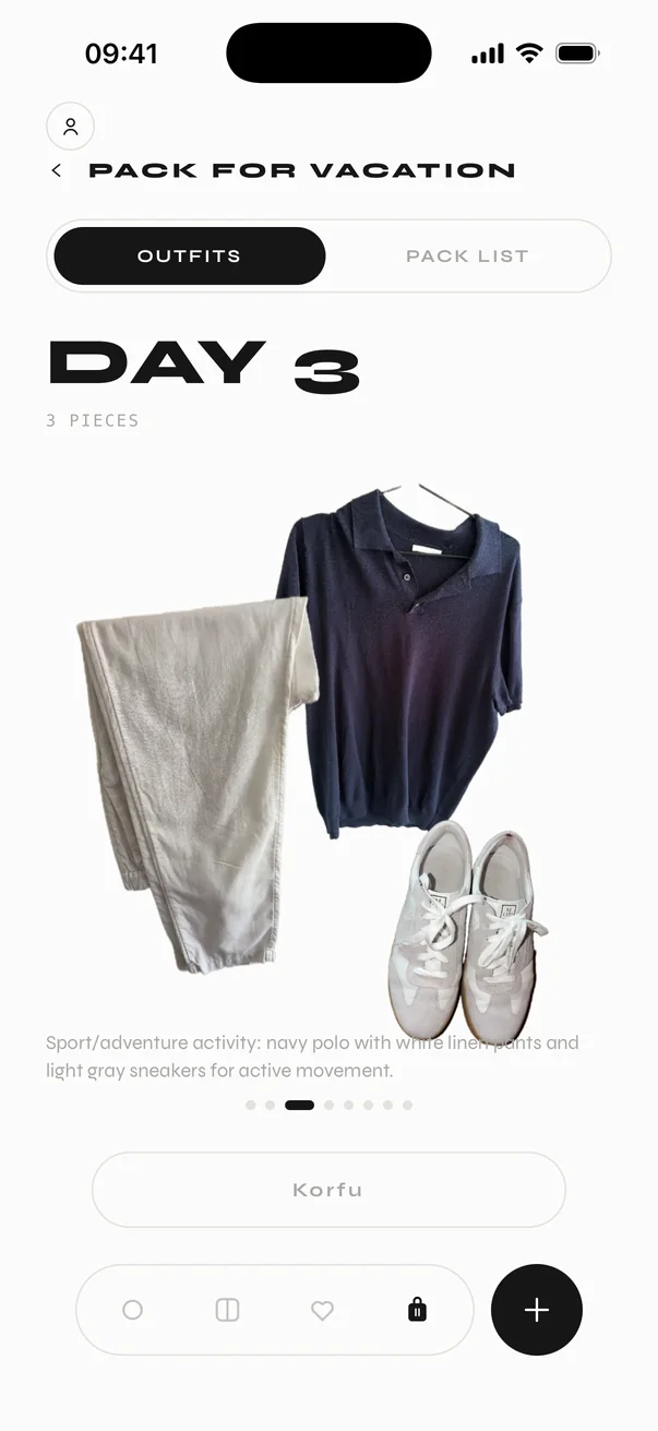 Trip plan, day 3: navy polo, white linen trousers and grey sneakers.