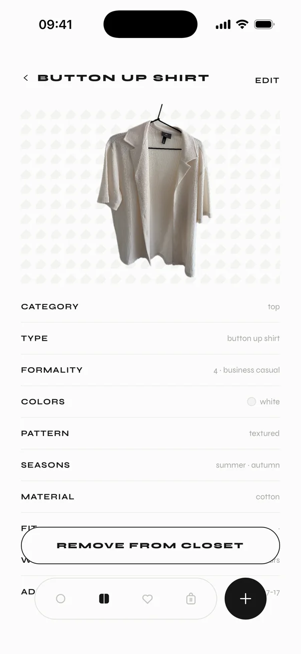 A garment's detail page listing category, type, formality, colour, pattern, season and material.