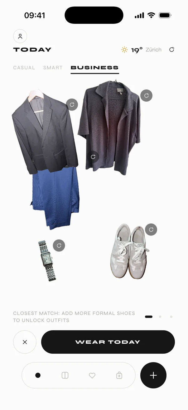 Business outfit suggestion: navy blazer, knit shirt, blue trousers.