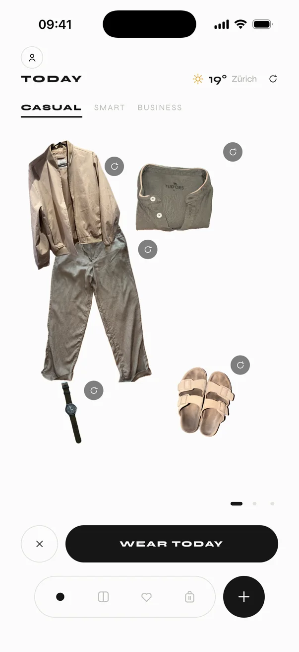 Today screen: a casual outfit of jacket, henley, trousers, watch and sandals, with 19° and sunny.