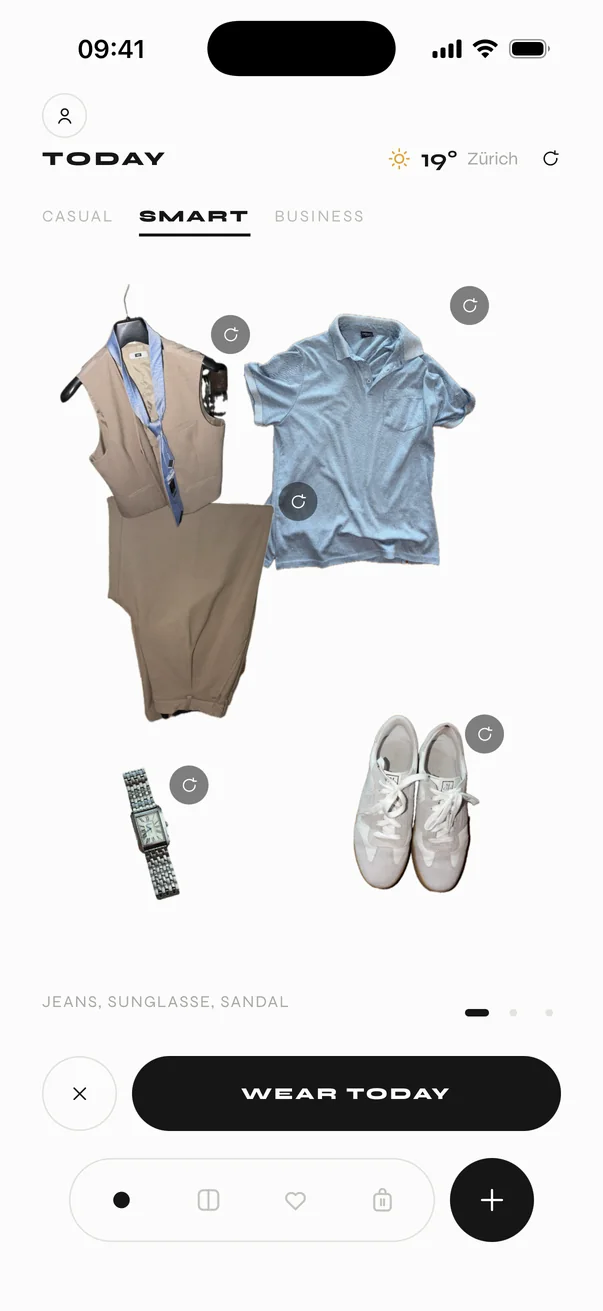 Smart outfit suggestion: waistcoat, polo, trousers, watch and white sneakers.